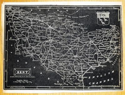 Antique Map KENT, Pinnock, white on black original 1834