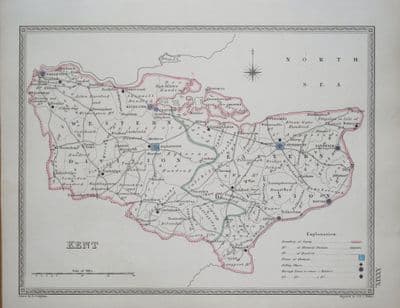 Antique Map KENT, Walker Original  Engraved County Map  1835
