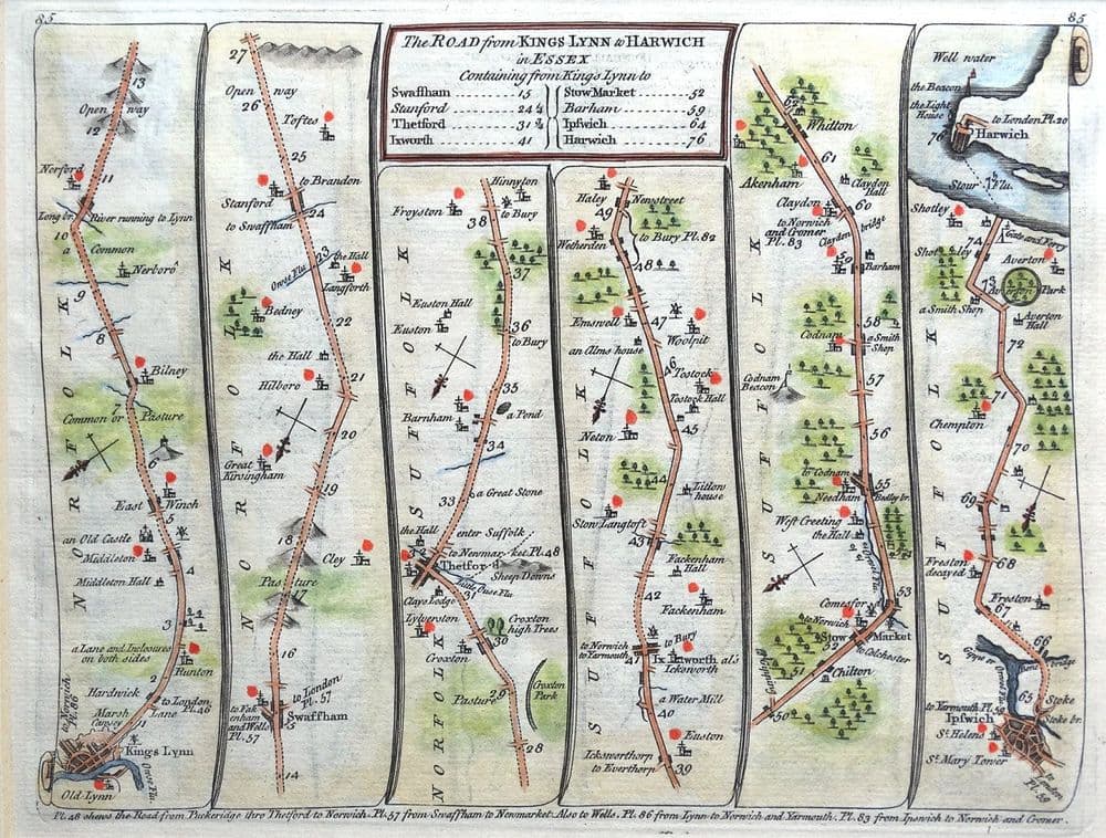 Antique Map Kings Lynn Swaffham Ipswich Harwich Bowles/Senex Strip Road ...