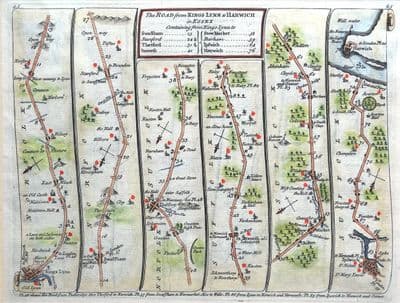Antique Map Kings Lynn, Swaffham, Ipswich, Harwich ,Bowles/Senex Strip Road Map 1757