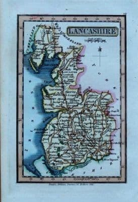 Antique Map LANCASHIRE, Darton Hand Coloured Original Miniature Map c 1822