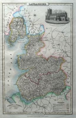 Antique Map LANCASHIRE James Pigot Original Hand Coloured County Vintage Map c1830
