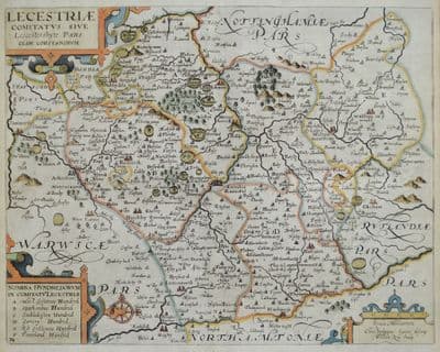 Antique Map LEICESTERSHIRE, SAXTON & KIP original  hand coloured map 1637