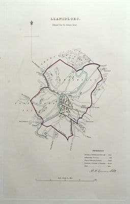 Antique Map LLANIDLOES, MONTGOMERYSHIRE, WALES, Street Plan, Dawson 1832