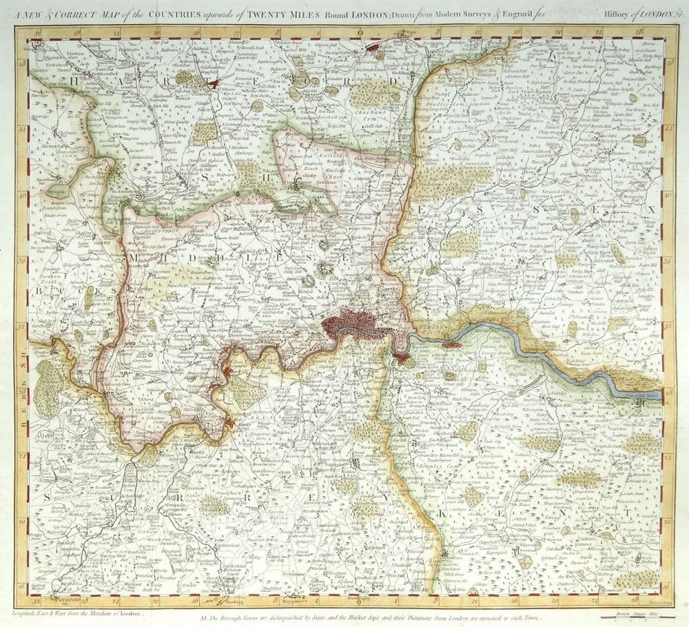 Antique Map LONDON and Twenty Miles Round Thornton Bowen Original 1784