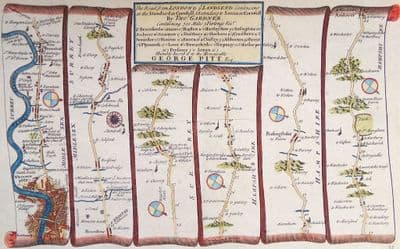 Antique Map LONDON BRENTFORD STAINES Hounslow Andover Basingstoke Gardner strip road map 1719