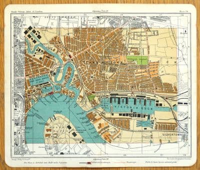Antique Map London CANNING TOWN, DOCKLANDS, Victoria Dock, Silvertown street plan 1921