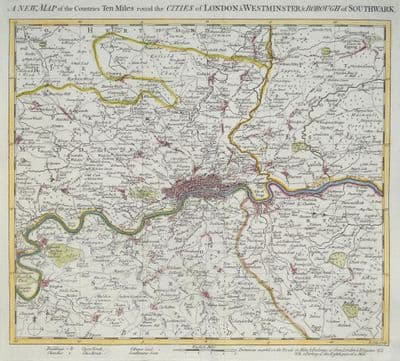 Antique Map LONDON, Countries Ten Miles Round, Maitland, Cole, Original 1756
