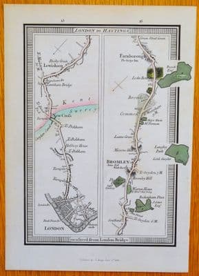 Antique Map LONDON, New Cross, Lewisham, Farnborough, Bromley, E.Mogg Strip Road Map 1814