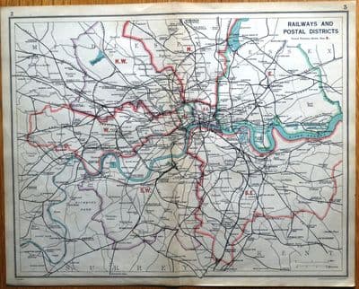 Antique Map LONDON RAILWAY MAP With Postal Districts Original  Lithographed Map 1925