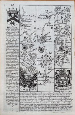 Antique Map LONDON,SOUTHWARK,NEW CROSS,ELTHAM,WROTHAM Owen/Bowen Strip Road Map c1720