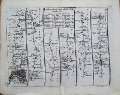 Antique Map LONDON TO TOWCESTER Highgate, Barnet, St Albans Senex  Strip Road Map c1749