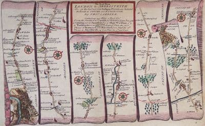 Antique Map LONDON UXBRIDGE BEACONSFIELD Oxford Tetworth High Wycombe Gardner strip road map 1719
