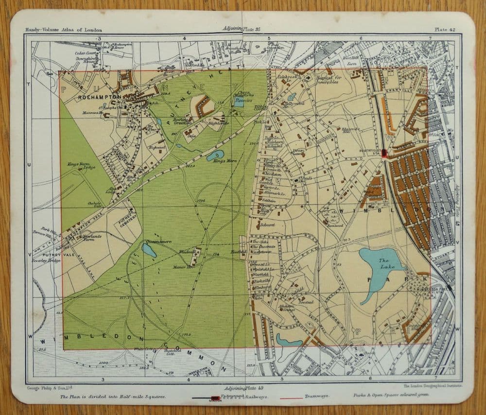 Antique Map London WIMBLEDON ROEHAMPTON Putney Heath vintage street ...
