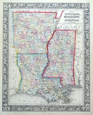 Antique Map LOUISIANA, MISSISSIPPI, ARKANSAS, Mitchell Original 1860