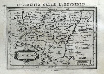 Antique Map LYONNAIS, LYON, ROANNE, St.ETIENNE, VIENNE, FRANCE, BERTIUS 1618