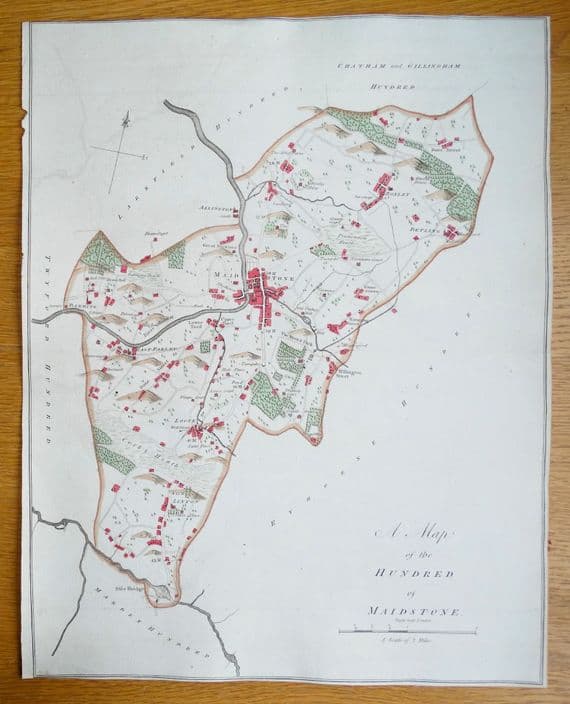 Antique Map MAIDSTONE HUNDRED KENT, Boxley, Detling, Linton, Loose, Hasted 1782