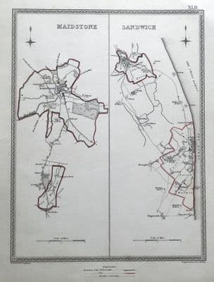 Antique Map MAIDSTONE, SANDWICH, DEAL, Kent Town Plans, Lewis 1835