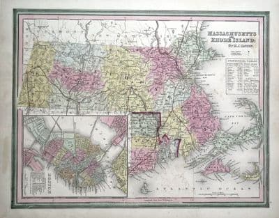 Antique Map MASSACHUSETTS, RHODE ISLAND, USA, State map H.S.Tanner Original 1844