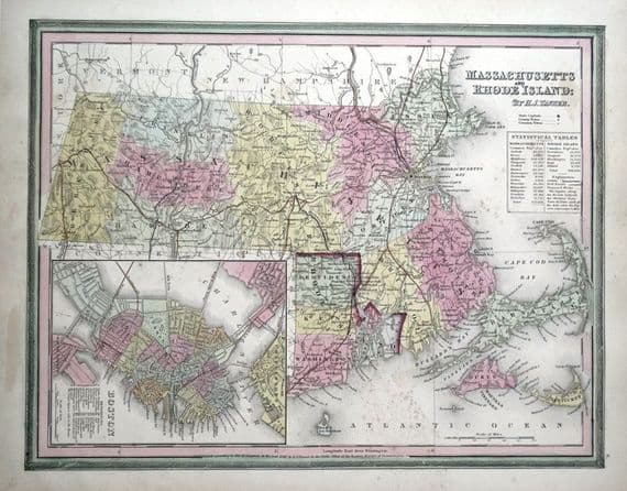 Antique Map MASSACHUSETTS, RHODE ISLAND, USA, State map H.S.Tanner Original 1844