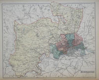 Antique Map MIDDLESEX, LONDON, George Philip Original  c1870