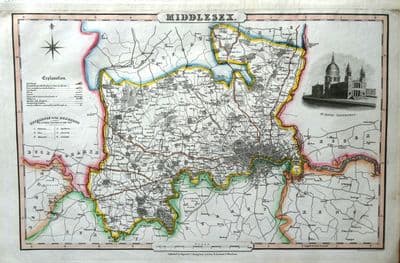 Antique Map MIDDLESEX & LONDON James Pigot Original Hand Coloured  County Map c1830