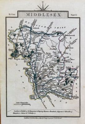 Antique Map MIDDLESEX & LONDON John Cary Hand Coloured Miniature 1819