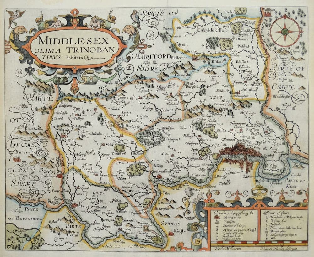 Antique Map MIDDLESEX London John Norden & Kip/Hole Camden original 1637