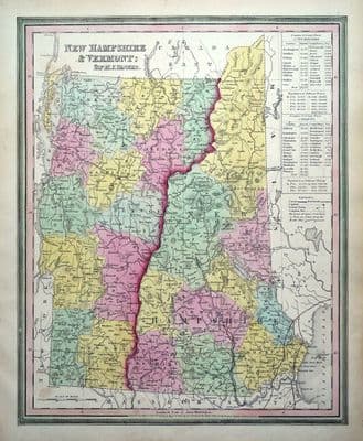 Antique Map NEW HAMPSHIRE, VERMONT, USA, State map H.S.Tanner Original 1844