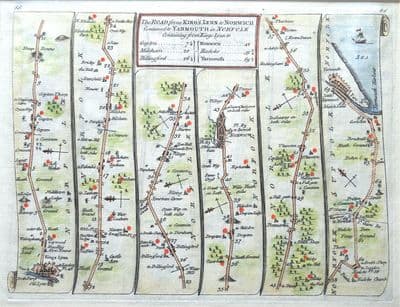 Antique Map NORFOLK,King's Lynn, Norwich, Yarmouth, Bowles/Senex  Strip Road Map 1757