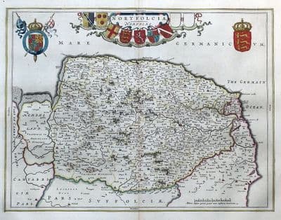 Antique Map NORFOLK, NORFOLCIA, BLAEU original hand coloured 1662