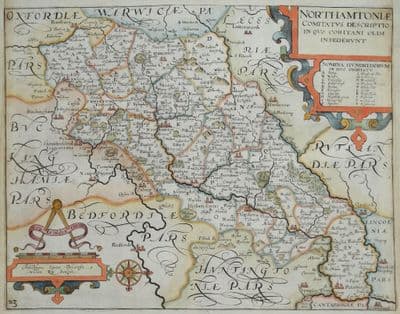Antique Map NORTHAMPTONSHIRE, Saxton & Kip, Camden original 1637