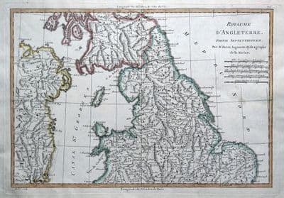 Antique Map NORTHERN ENGLAND, UK, BRITAIN, Rigobert Bonne, original 1780
