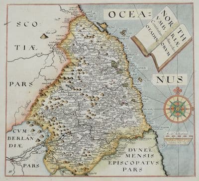 Antique Map NORTHUMBERLAND, Saxton & Hole, Camden Original 1637