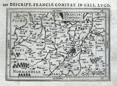 Antique Map PARIS, MEAUX, St.DENIS, BEAUVAIS, COMPIEGNE, FRANCE, BERTIUS 1618