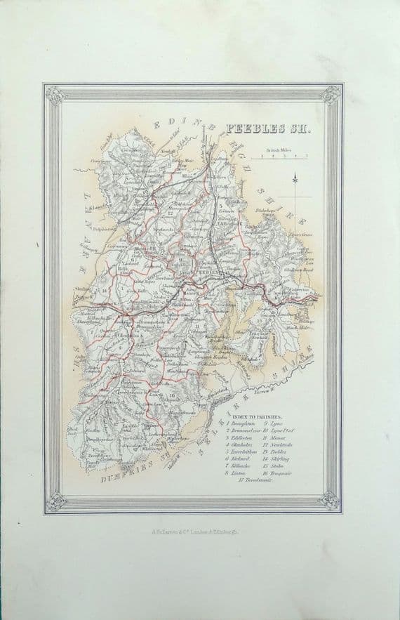 Antique Map PEEBLES SHIRE SCOTLAND Fullarton Original Hand Col. Lithograph 1868