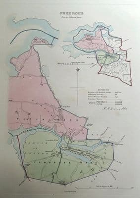 Antique Map PEMBROKE, WALES, Street Plan, Dawson Original hand coloured 1832