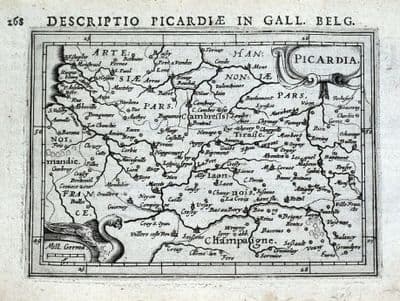 Antique Map PICARDIA, PICARDY, FRANCE, AMIENS, LENS, BETHUNE, LAON, BERTIUS 1618