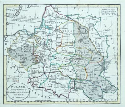 Antique Map POLAND with Annexed areas to Russia, Prussia & Austria William Guthrie 1794