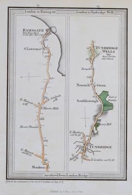 Antique Map RAMSGATE, TUNBRIDGE WELLS, TUNBRIDGE, KENT, E. Mogg Strip Road Map 1814