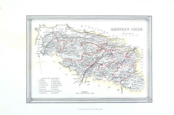 Antique Map RENFREWSHIRE SCOTLAND Fullarton Original Hand Col.Lithograph 1868