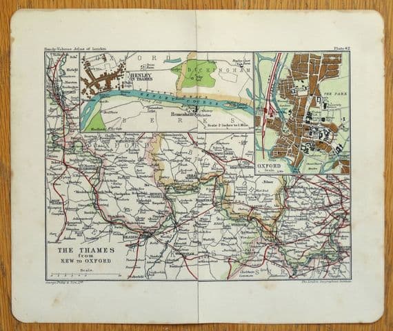 Antique Map RIVER THAMES Kew tom Oxford, Henley, Marlow etc vintage old map 1921