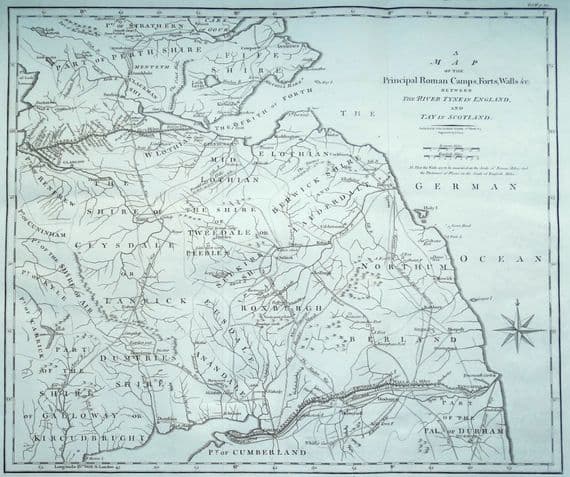 Antique Map ROMAN CAMPS Forts & Walls Northern Britain, Tyne to Tay, Cary, Camden 1806