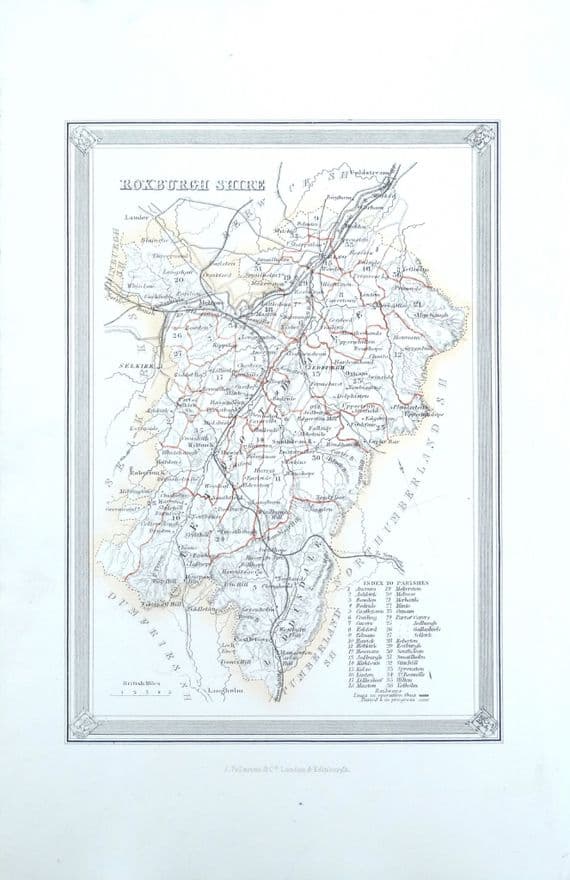 Antique Map ROXBURGHSHIRE  SCOTLAND Fullarton Original Hand Col. Lithograph 1868