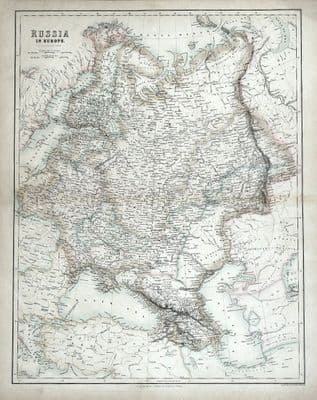 Antique Map RUSSIA IN EUROPE, POLAND, ESTONIA, LATVIA, CRIMEA Fullarton  c1865