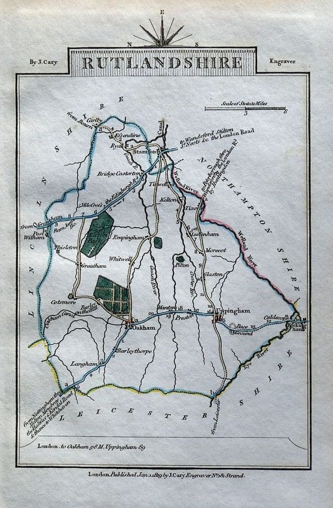 Antique Map RUTLAND John Cary Original Hand Coloured Miniature 1819