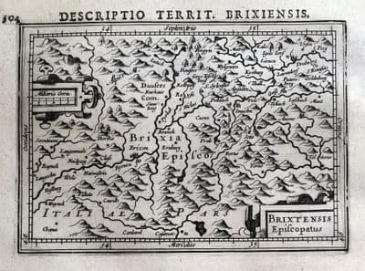 Antique Map S.TYROL, ITALY, BRESSANONE BRIXEN, BERTIUS original 1618