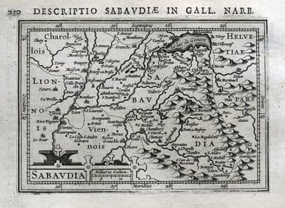 Antique Map SABAUDIA, BOURG EN BRESSE, LYON, GRENOBLE, FRANCE, BERTIUS 1618