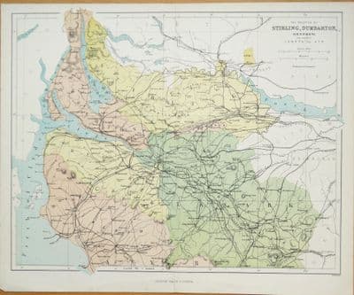 Antique Map SCOTLAND, STIRLING, DUMBARTON, Original Vintage Lithograph  c1860