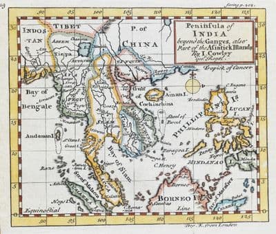 Antique Map SE ASIA, Peninsula of India,Siam,Malacca,Borneo J.Cowley scarce 1753